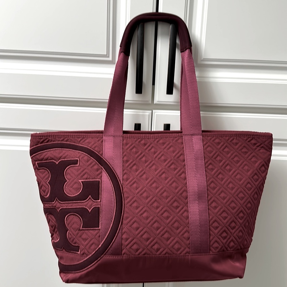 Tory Burch Penn quilted nylon tote in rasberry.